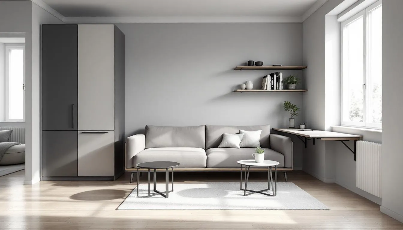 An example of a small living room layout with comfortable seating arrangements and multifunctional furniture.