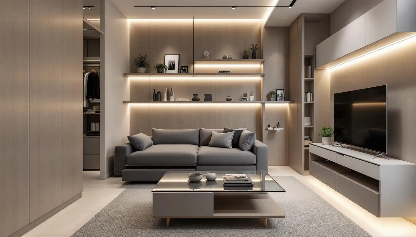 A small living room utilizing multifunctional furniture and vertical storage solutions to maximize space.